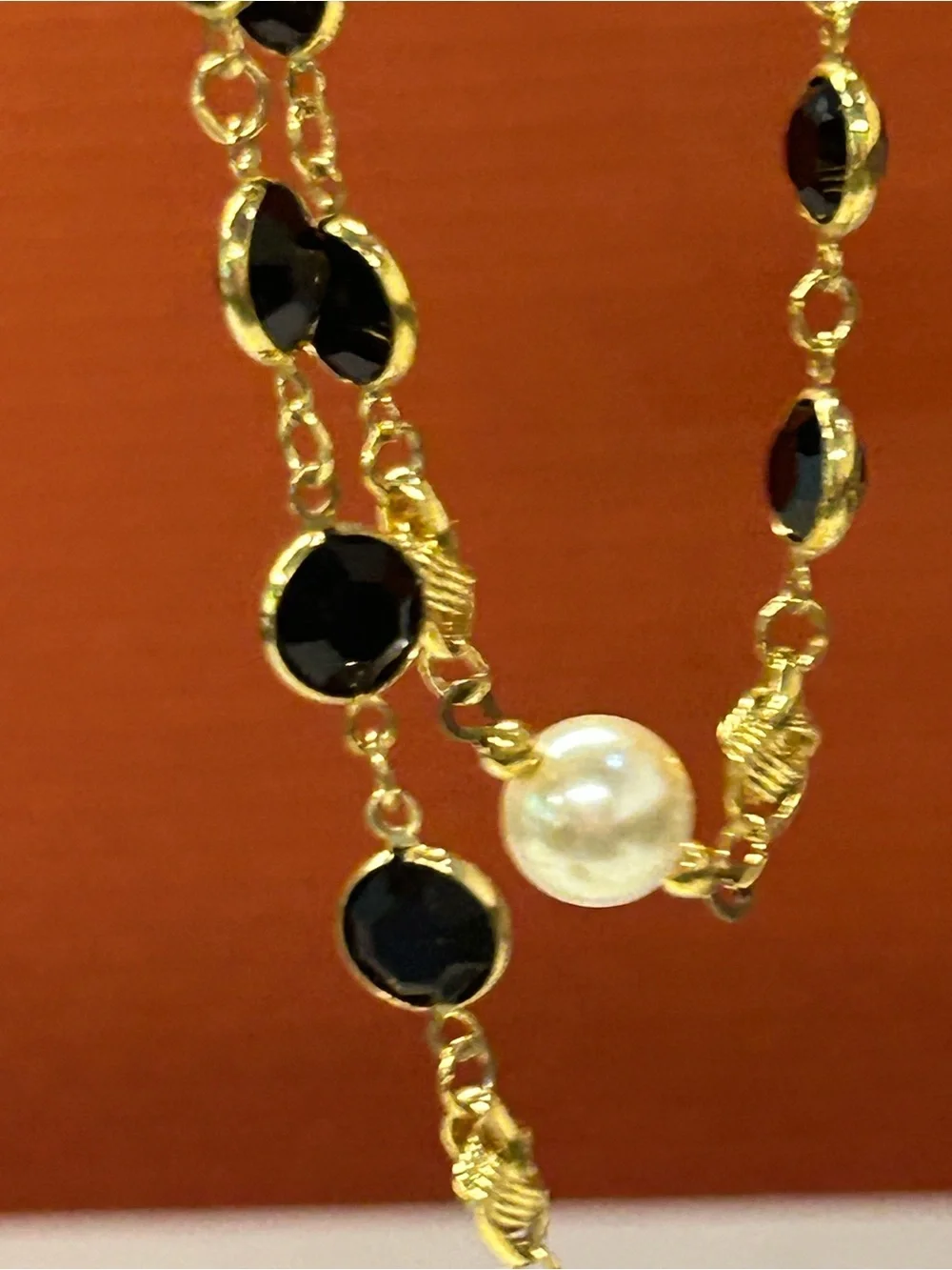 Gorgeous vintage Swarovski long layering necklace black crystal and faux pearls.